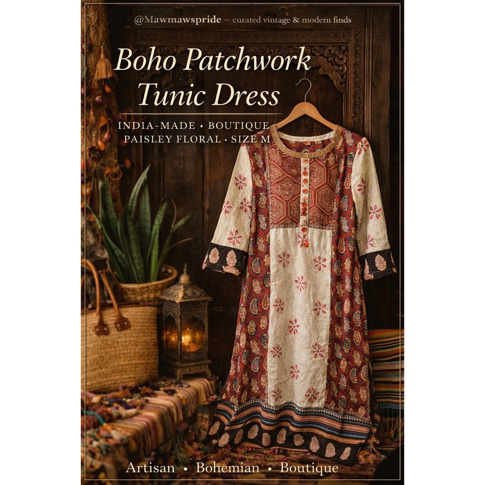 Artisan Boho Patchwork Tunic Dress India Paisley Floral Red Cream Womens Size M